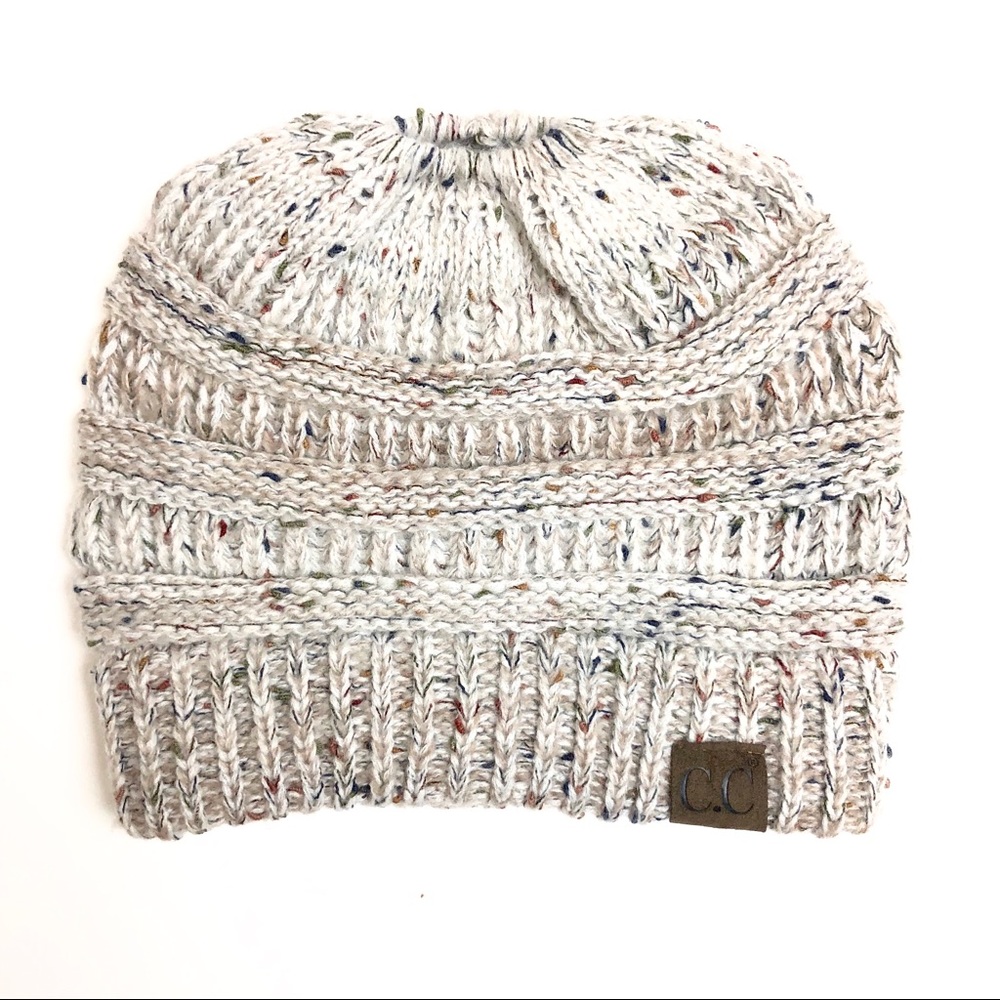 C.C Multicolor Cream Ponytail Beanie Hat
